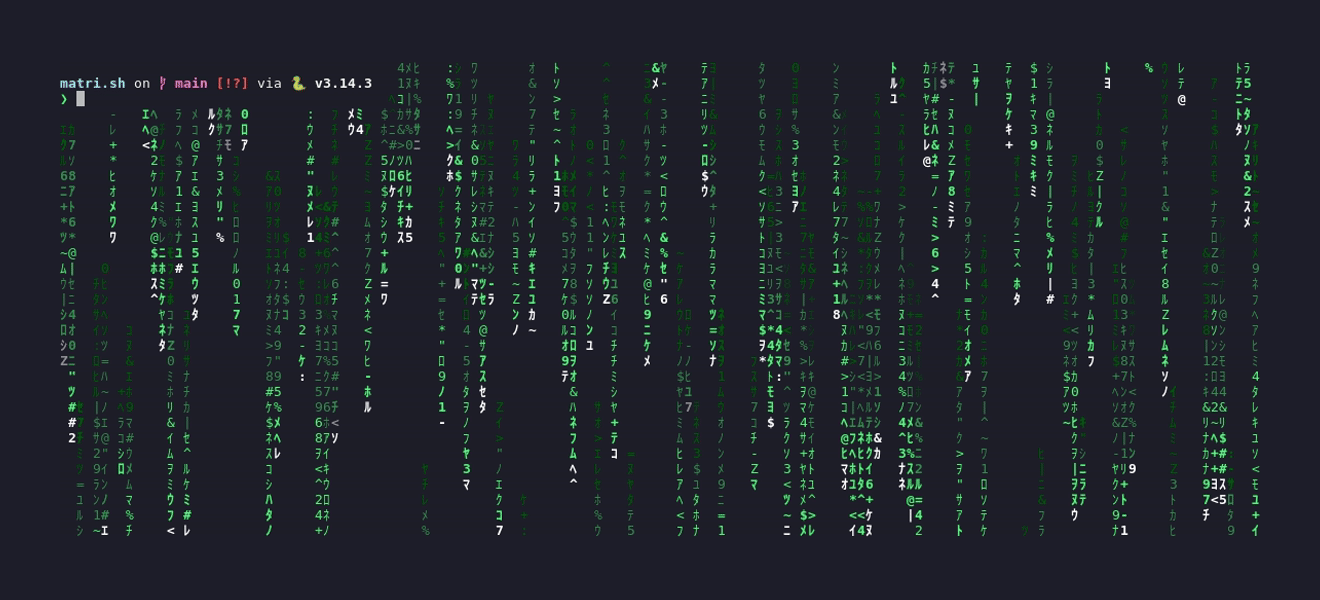 matri.sh demo – Matrix digital rain overlaid on a live shell session